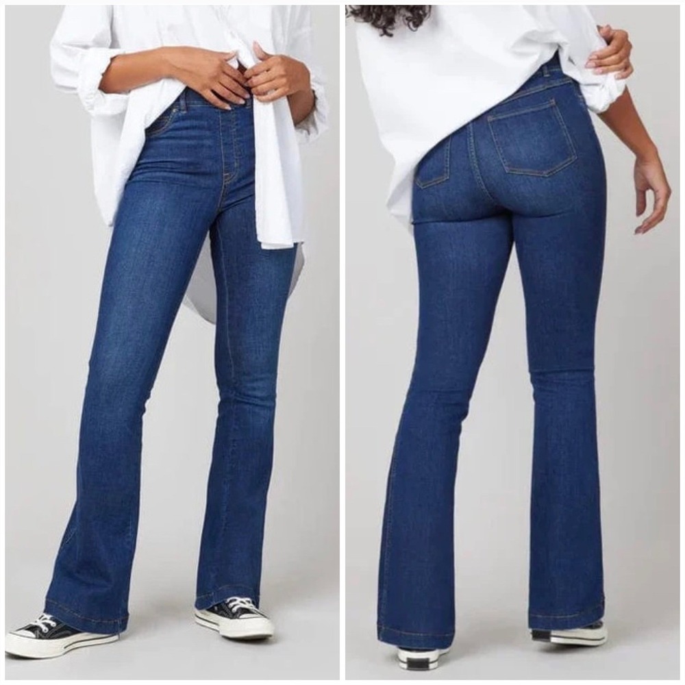 Spanx Flare Jeans‎ Midnight Shade Dark Wash High Rise Pull On Size Medium